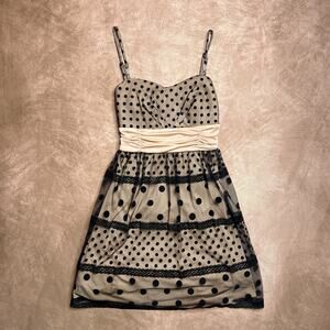 B Wear too! Mini Fit and Flare Empire Waist Homecoming Dress Polka Dot Mesh Lace